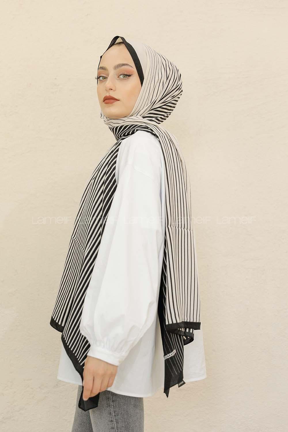 Modalamelif Siyah&Beyaz Baskılı Medine İpeği Şal Aritmik Desen