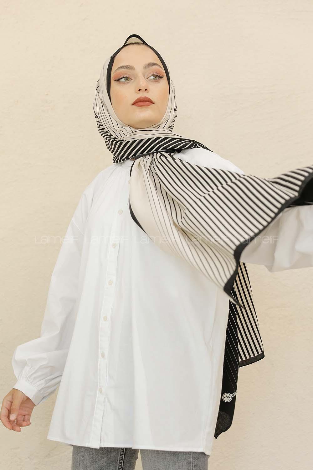 Modalamelif Siyah&Beyaz Baskılı Medine İpeği Şal Aritmik Desen