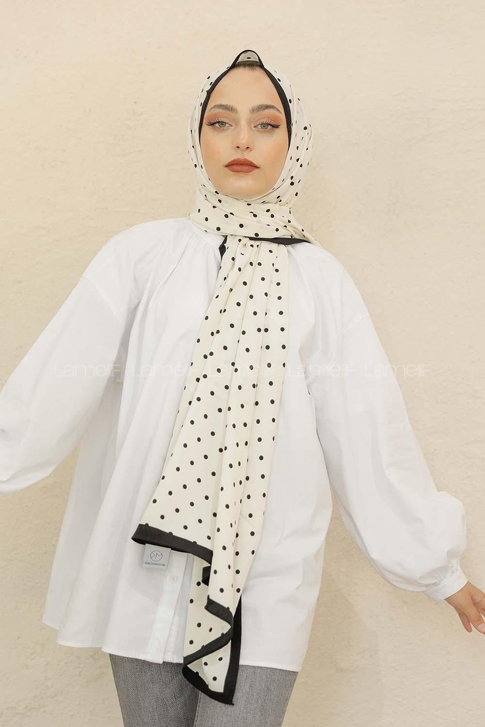 Modalamelif Siyah&Beyaz Baskılı Medine İpeği Şal Benek Desen