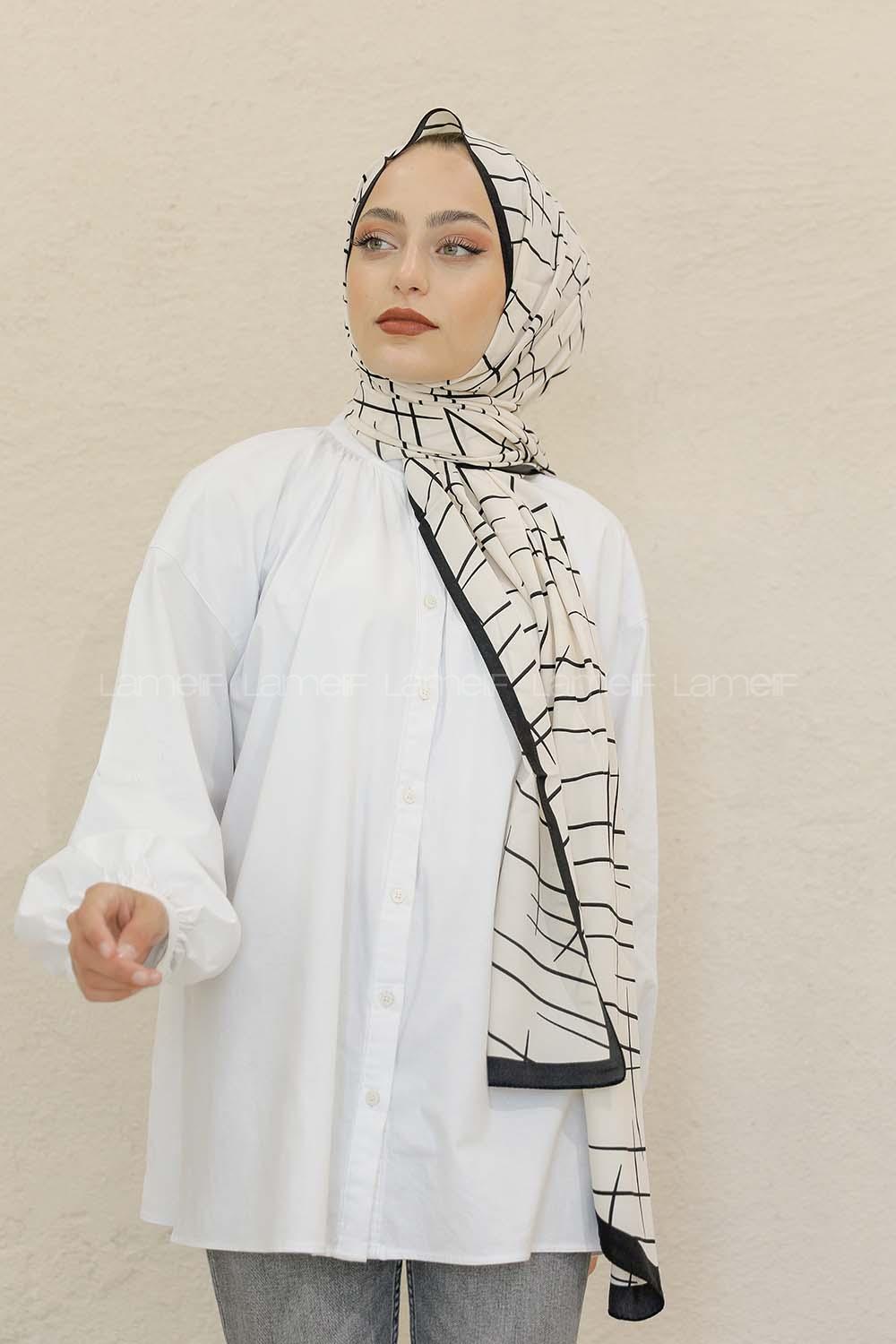 Modalamelif Siyah&Beyaz Baskılı Medine İpeği Şal Brush Desen