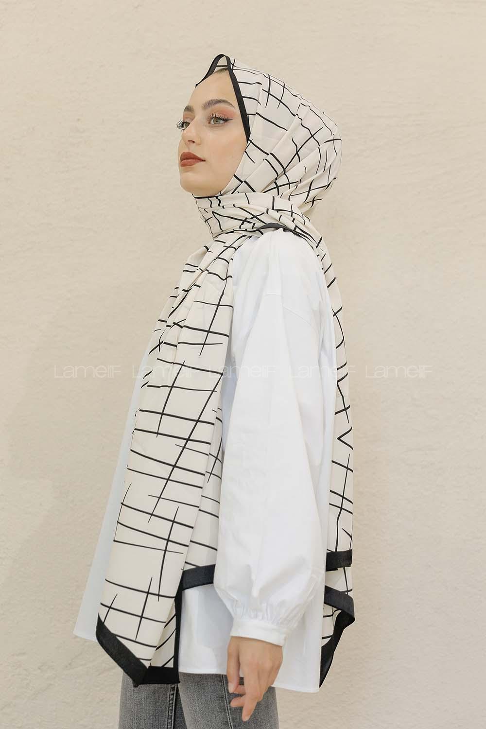 Modalamelif Siyah&Beyaz Baskılı Medine İpeği Şal Brush Desen