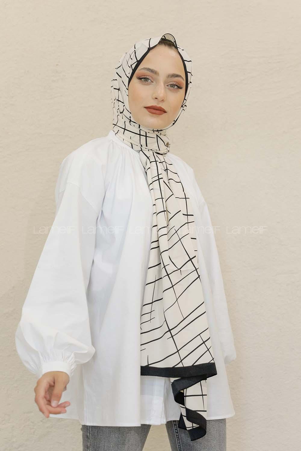 Modalamelif Siyah&Beyaz Baskılı Medine İpeği Şal Brush Desen