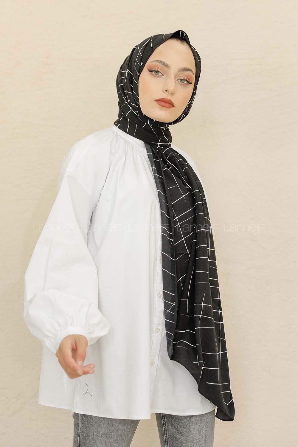 Modalamelif Siyah&Beyaz Baskılı Medine İpeği Şal Çizgi Desen