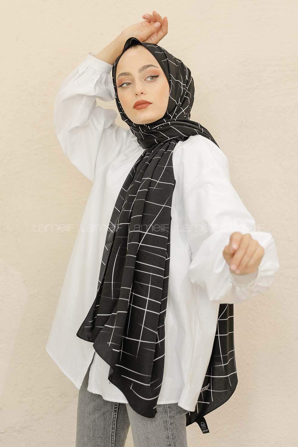 Modalamelif Siyah&Beyaz Baskılı Medine İpeği Şal Çizgi Desen