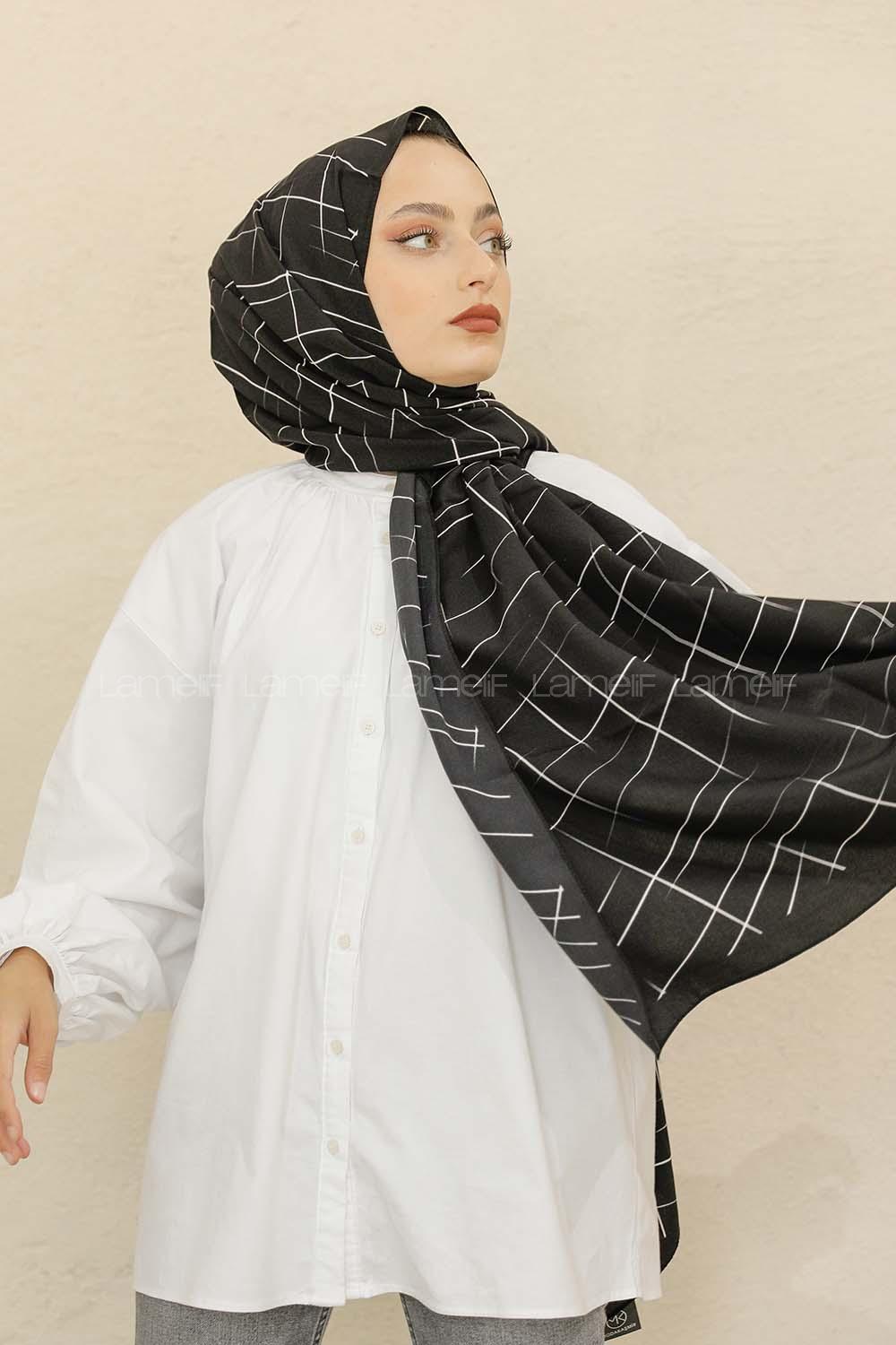Modalamelif Siyah&Beyaz Baskılı Medine İpeği Şal Çizgi Desen