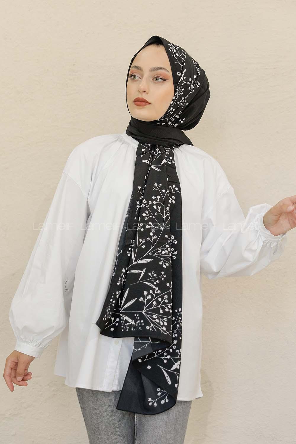 Modalamelif Siyah&Beyaz Baskılı Medine İpeği Şal Dal Desen