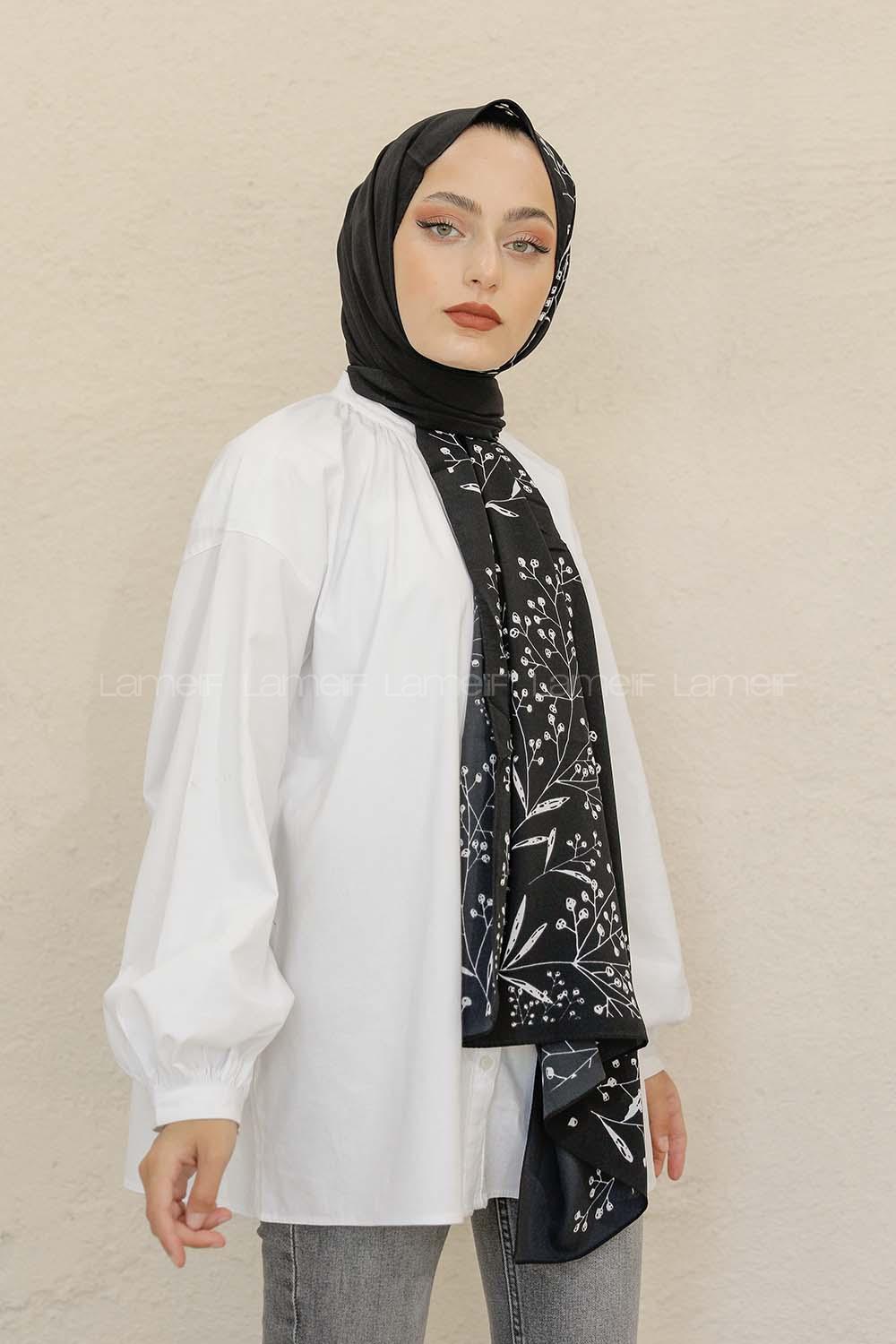 Modalamelif Siyah&Beyaz Baskılı Medine İpeği Şal Dal Desen