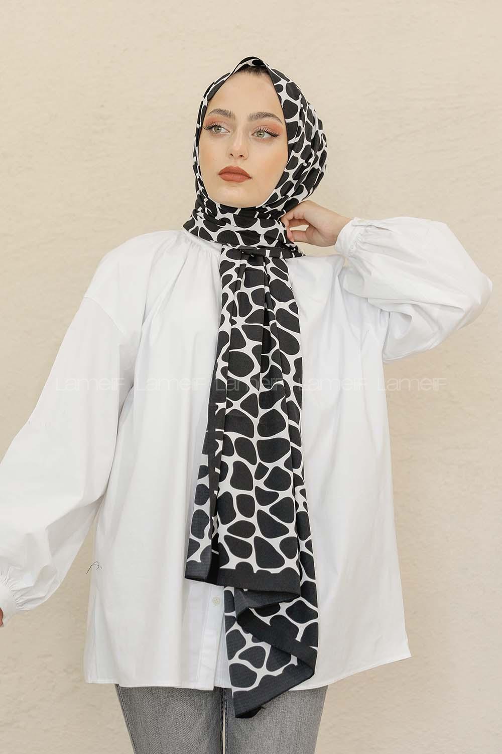 Modalamelif Siyah&Beyaz Baskılı Medine İpeği Şal Dama Desen