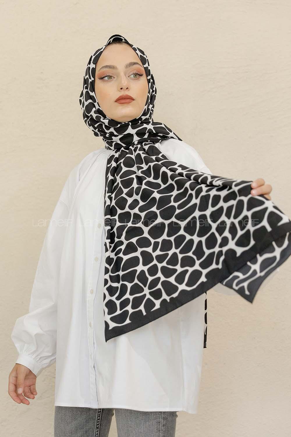 Modalamelif Siyah&Beyaz Baskılı Medine İpeği Şal Dama Desen