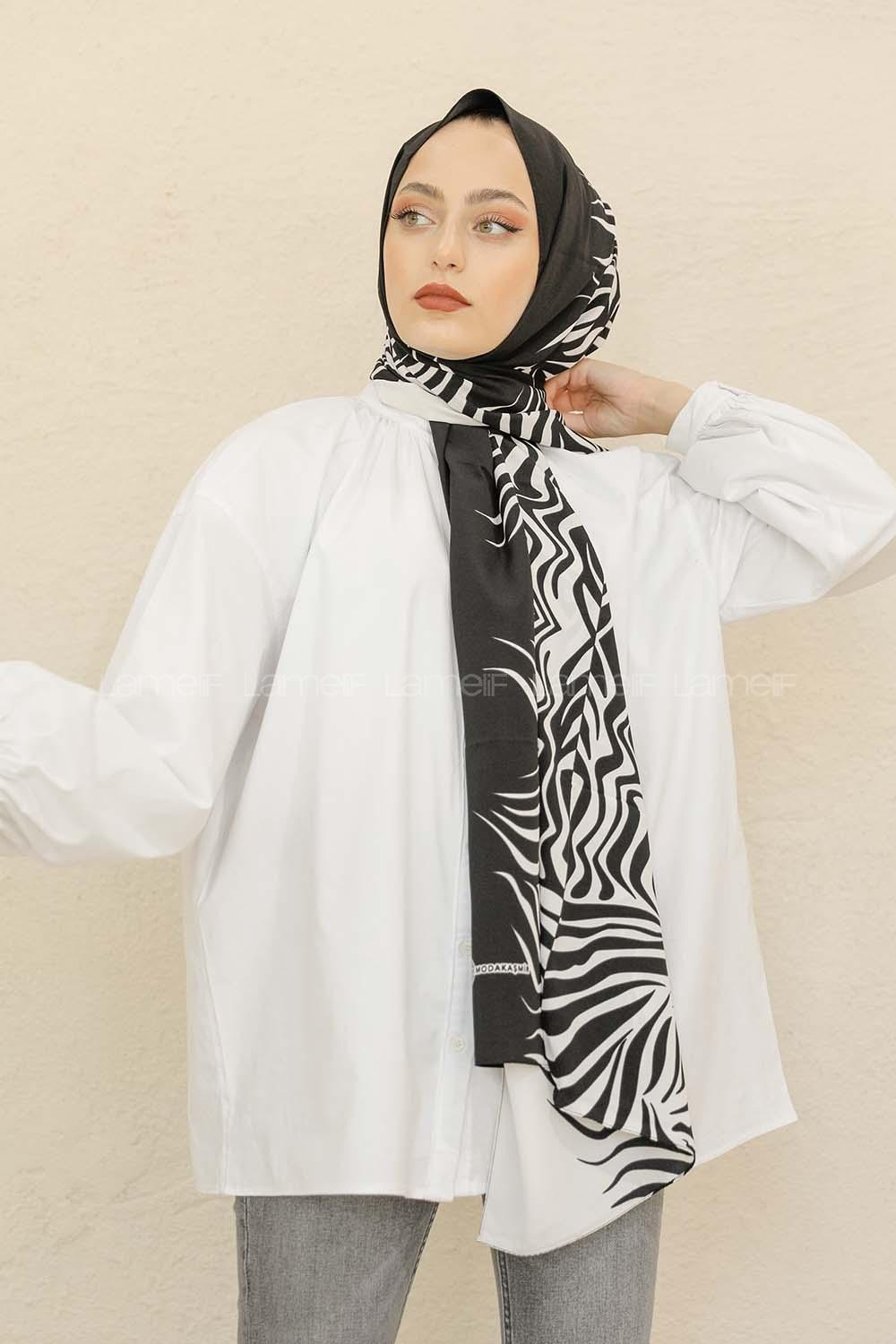 Modalamelif Siyah&Beyaz Baskılı Medine İpeği Şal Fire Desen