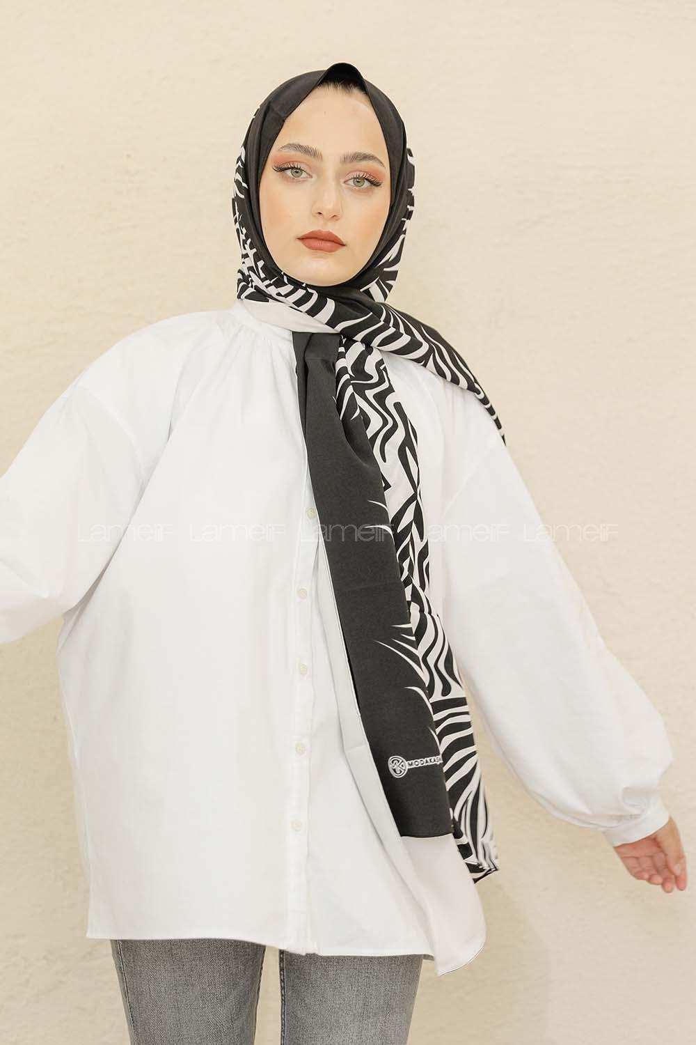 Modalamelif Siyah&Beyaz Baskılı Medine İpeği Şal Fire Desen