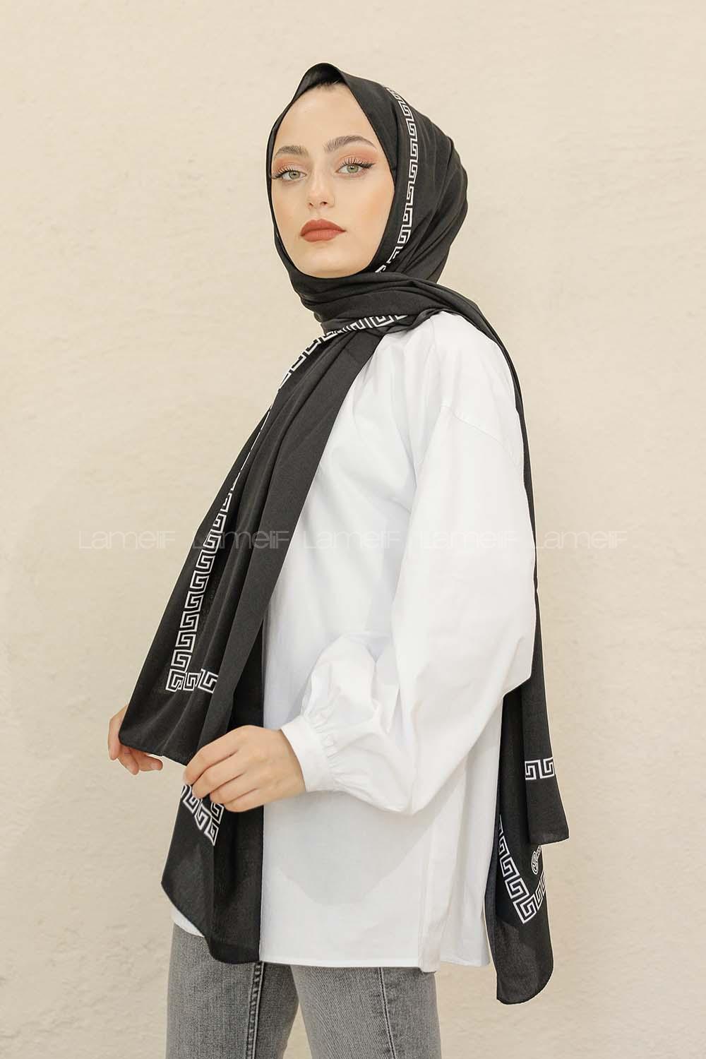 Modalamelif Siyah&Beyaz Baskılı Medine İpeği Şal Rope Desen