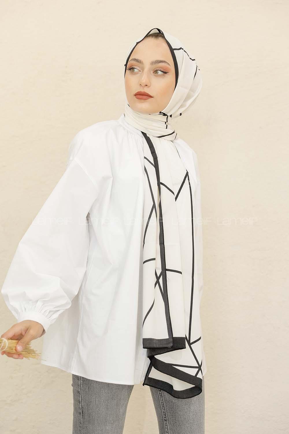 Modalamelif Siyah&Beyaz Baskılı Medine İpeği Şal Toana Desen