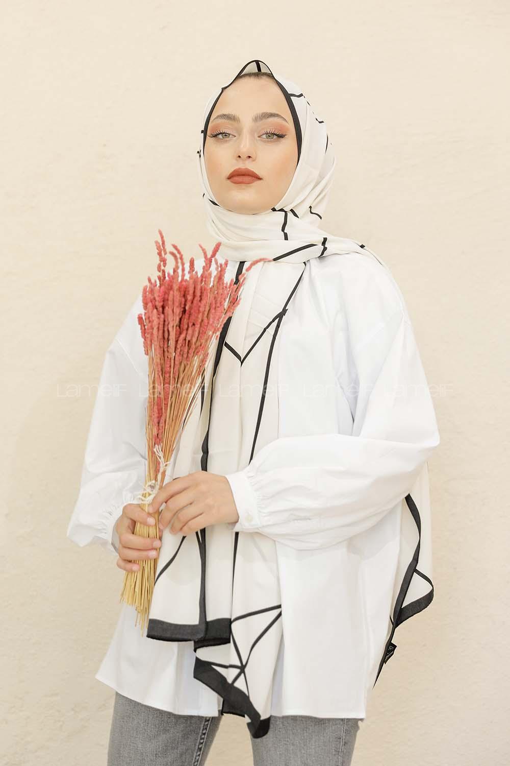 Modalamelif Siyah&Beyaz Baskılı Medine İpeği Şal Toana Desen