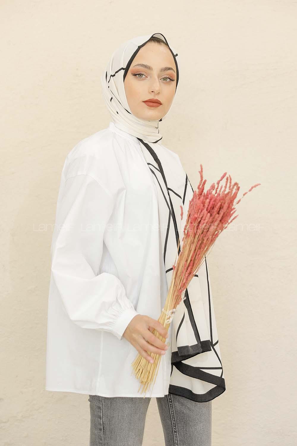 Modalamelif Siyah&Beyaz Baskılı Medine İpeği Şal Toana Desen