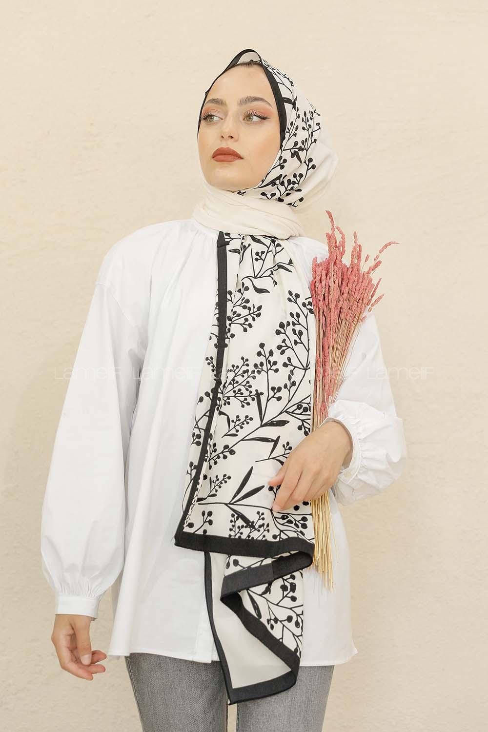 Modalamelif Siyah&Beyaz Baskılı Medine İpeği Şal Tomurcuk Desen