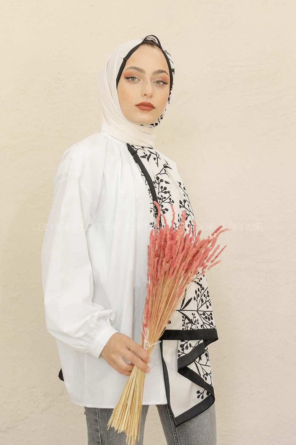 Modalamelif Siyah&Beyaz Baskılı Medine İpeği Şal Tomurcuk Desen