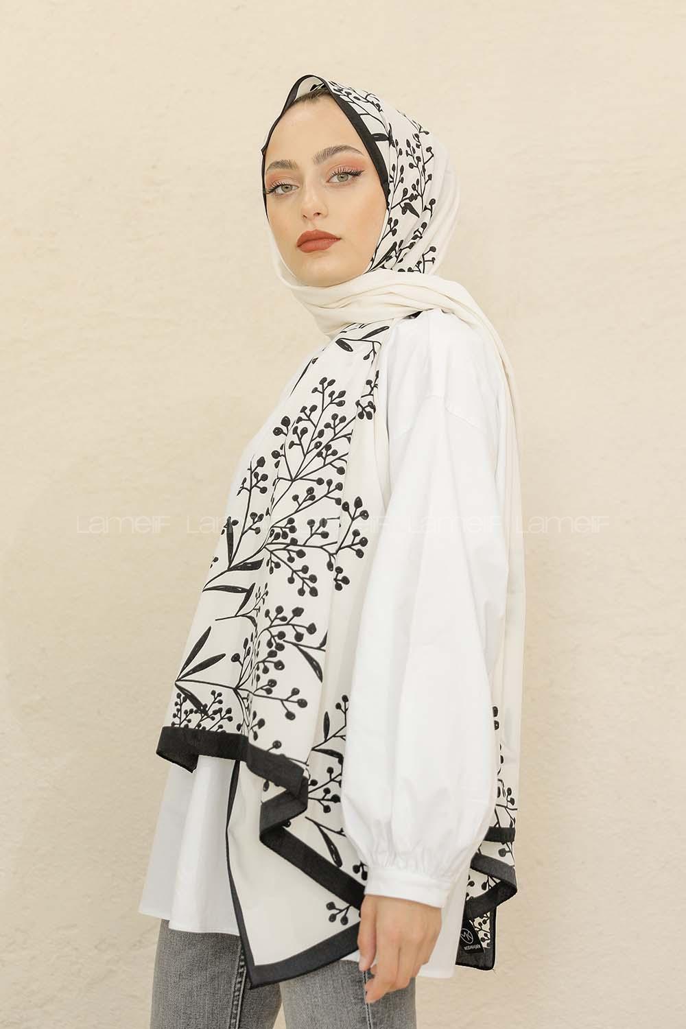 Modalamelif Siyah&Beyaz Baskılı Medine İpeği Şal Tomurcuk Desen