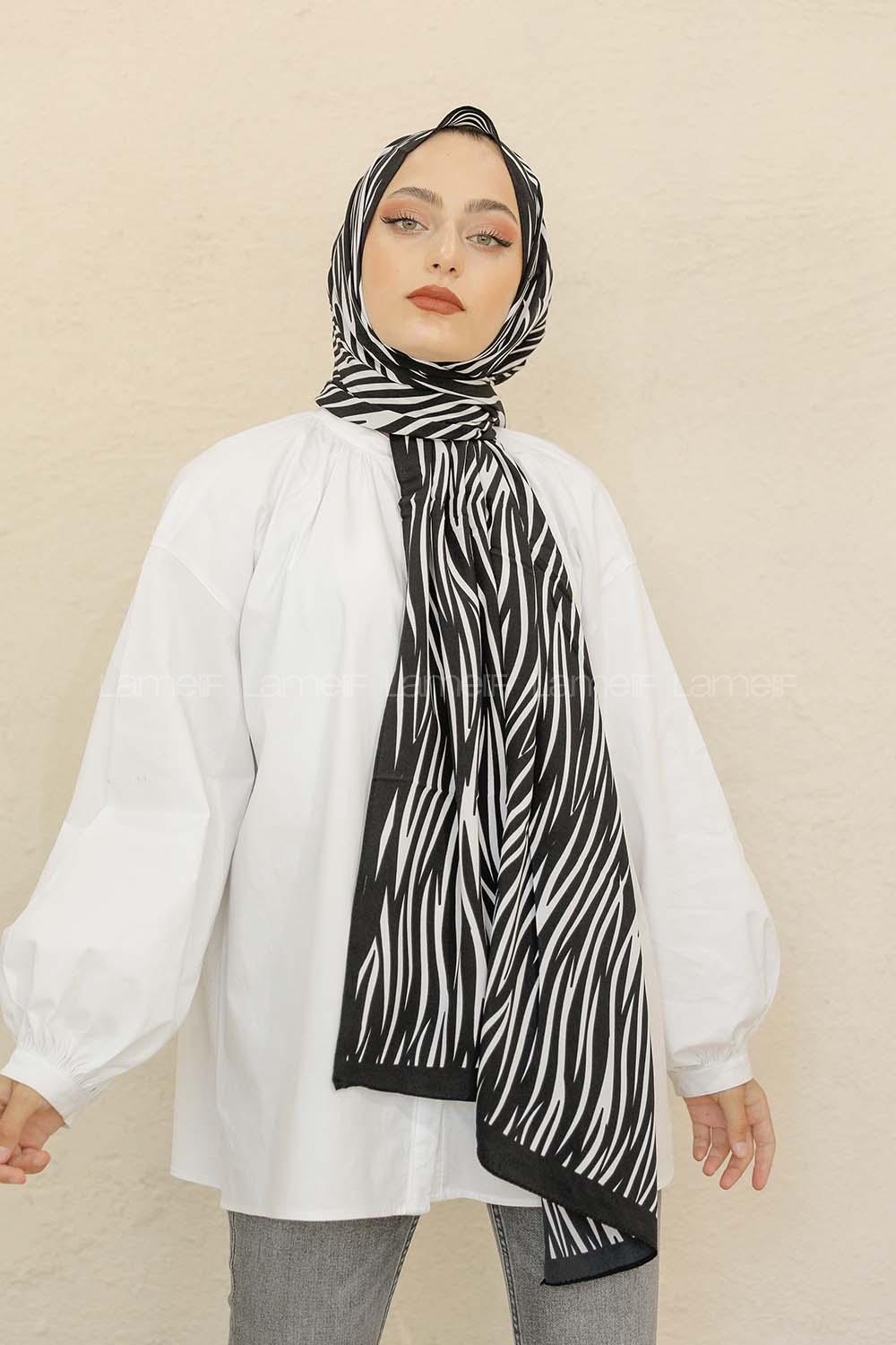 Modalamelif Siyah&Beyaz Baskılı Medine İpeği Şal Voilet Desen