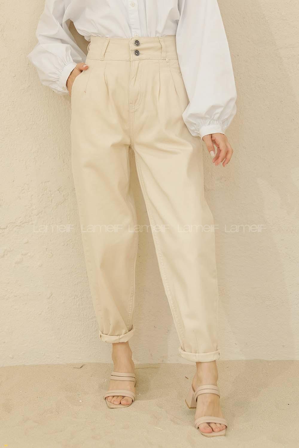 Modalamelif Yüksek Bel Balon Mom Jean Bej