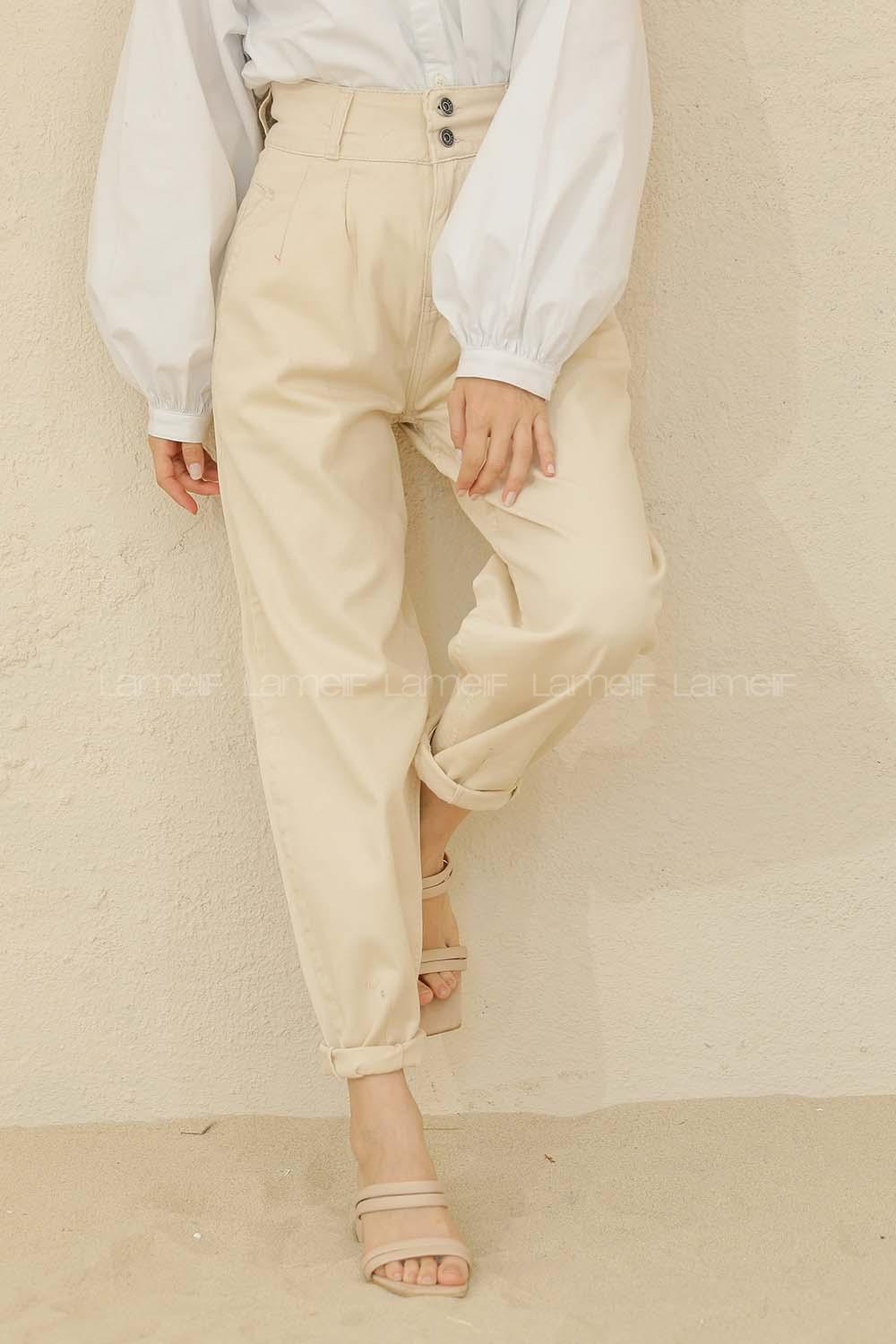 Modalamelif Yüksek Bel Balon Mom Jean Bej