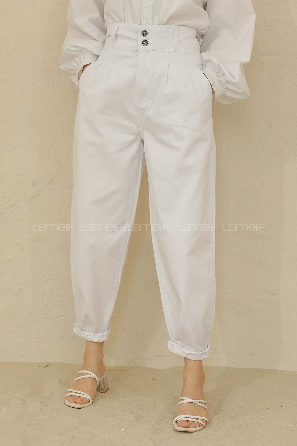 Modalamelif Yüksek Bel Balon Mom Jean Beyaz