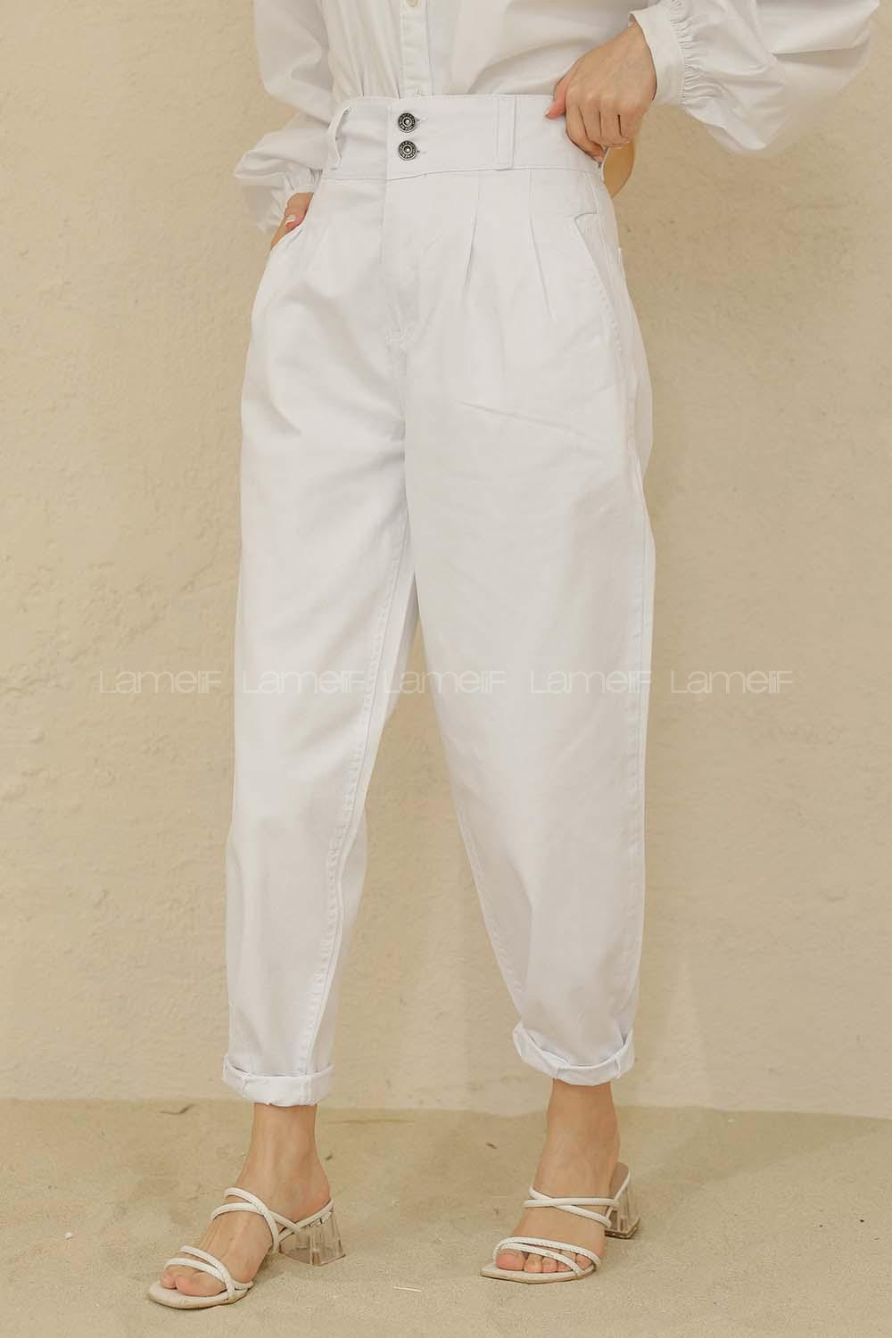 Modalamelif Yüksek Bel Balon Mom Jean Beyaz