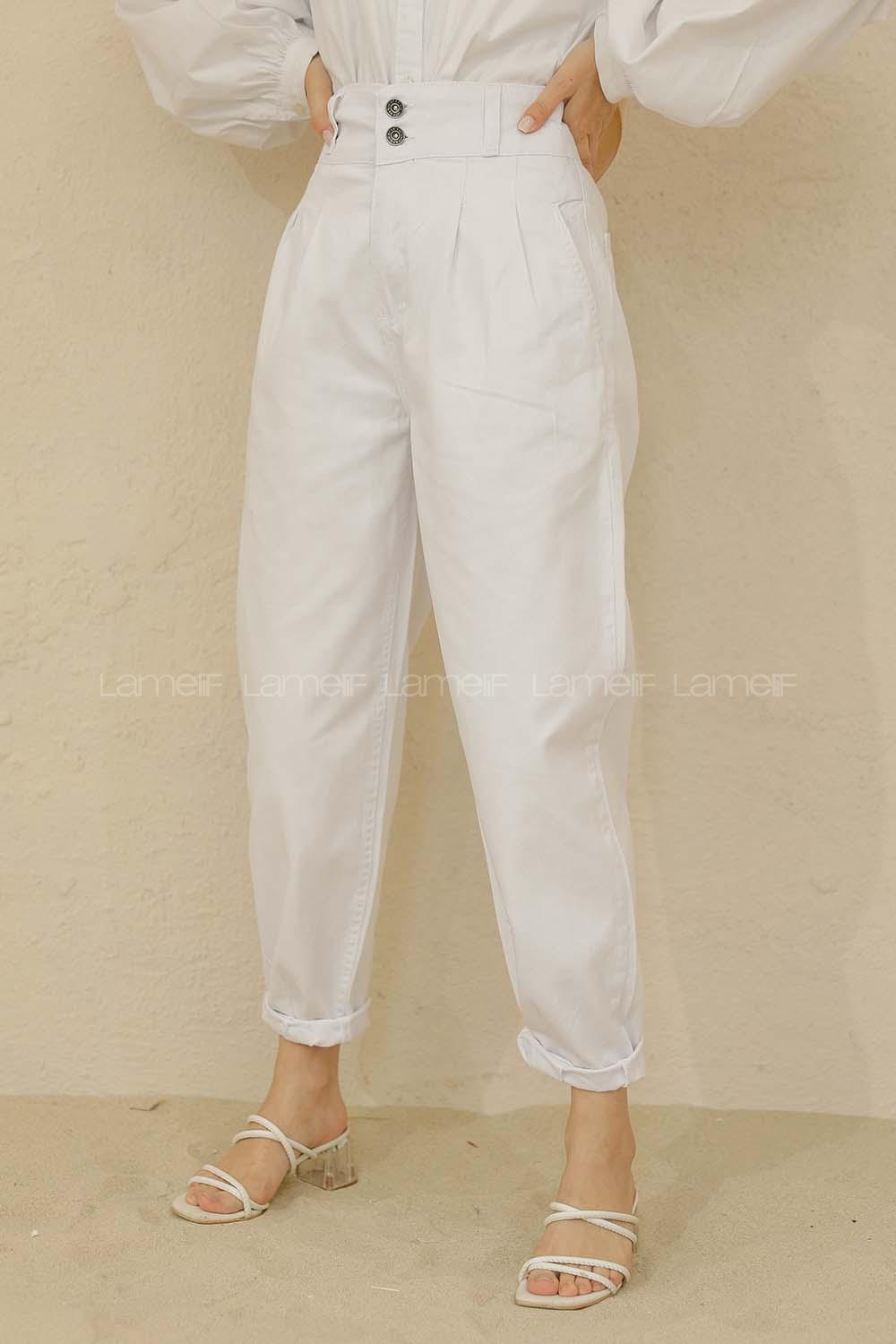 Modalamelif Yüksek Bel Balon Mom Jean Beyaz