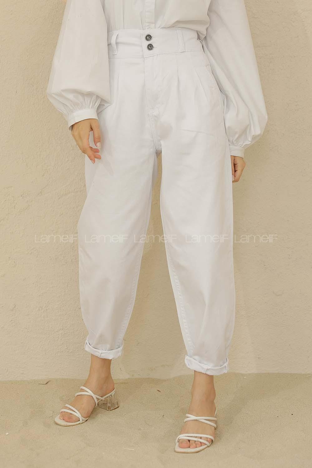 Modalamelif Yüksek Bel Balon Mom Jean Beyaz