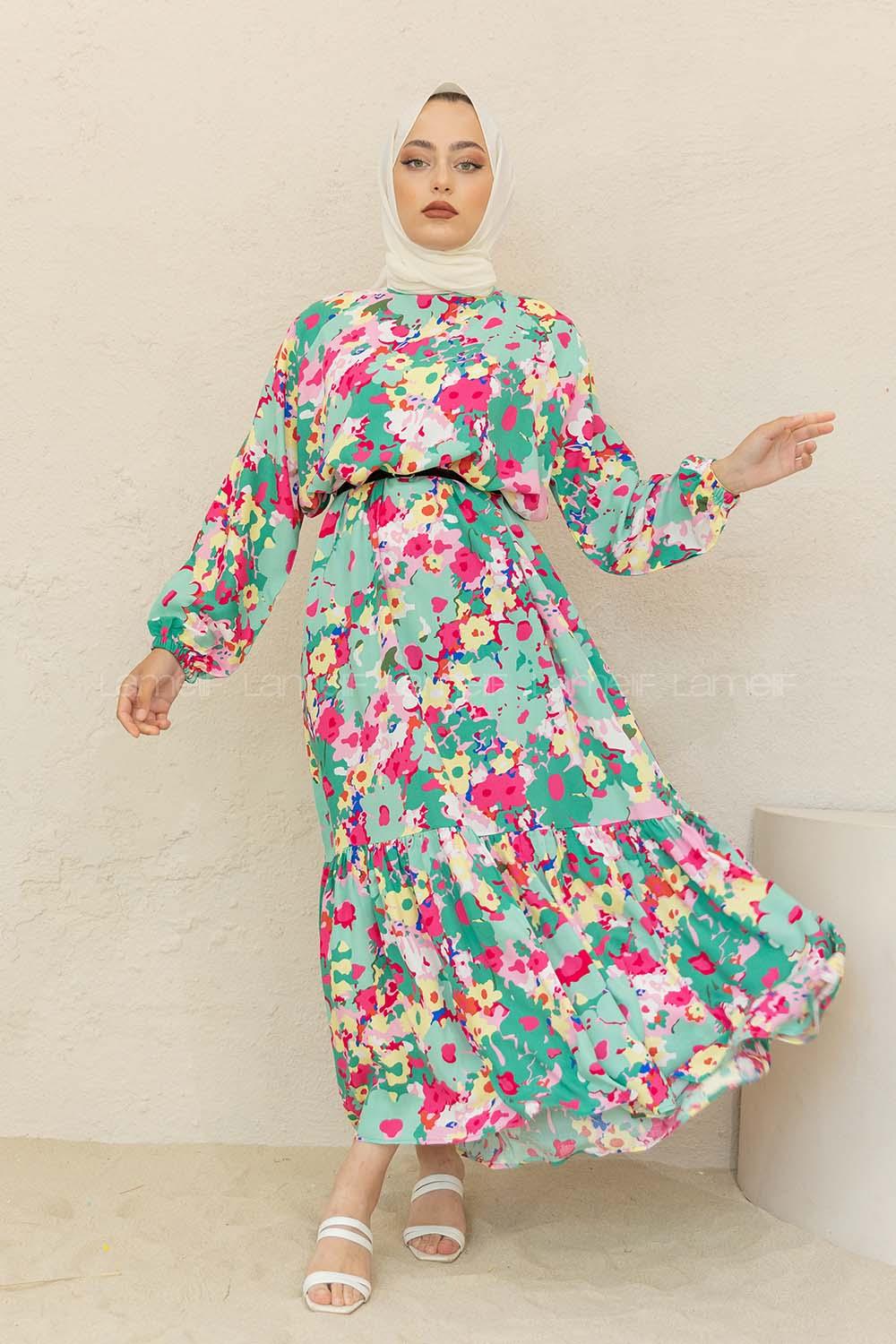 Modalamelif Balon Kol Çiçek Desen Elbise Çağla