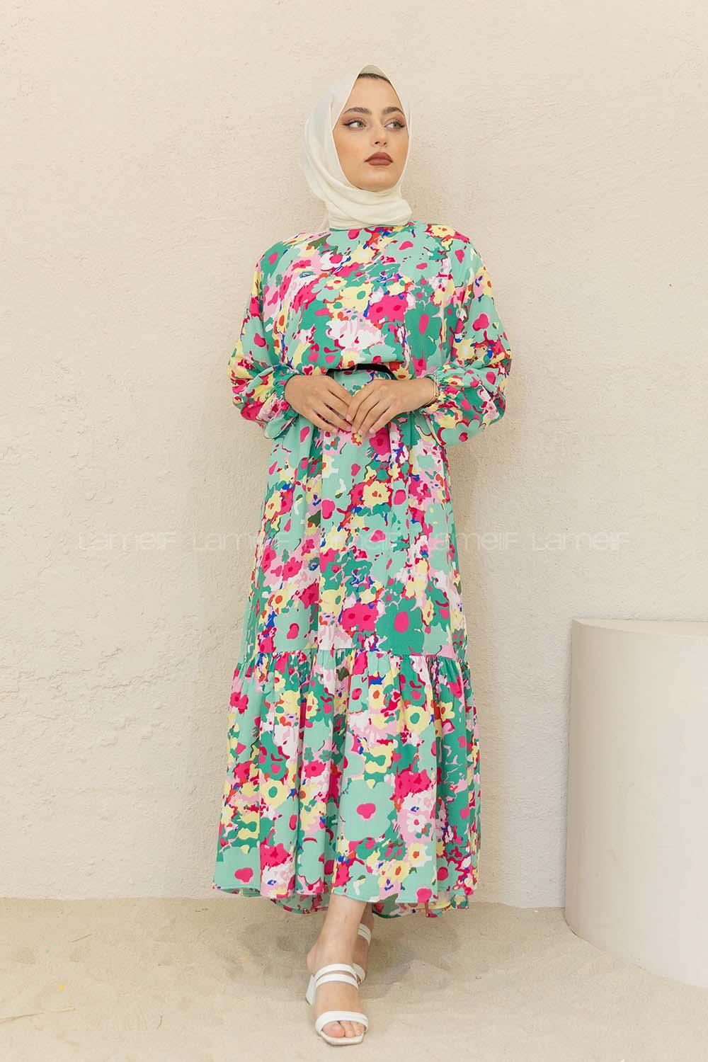 Modalamelif Balon Kol Çiçek Desen Elbise Çağla