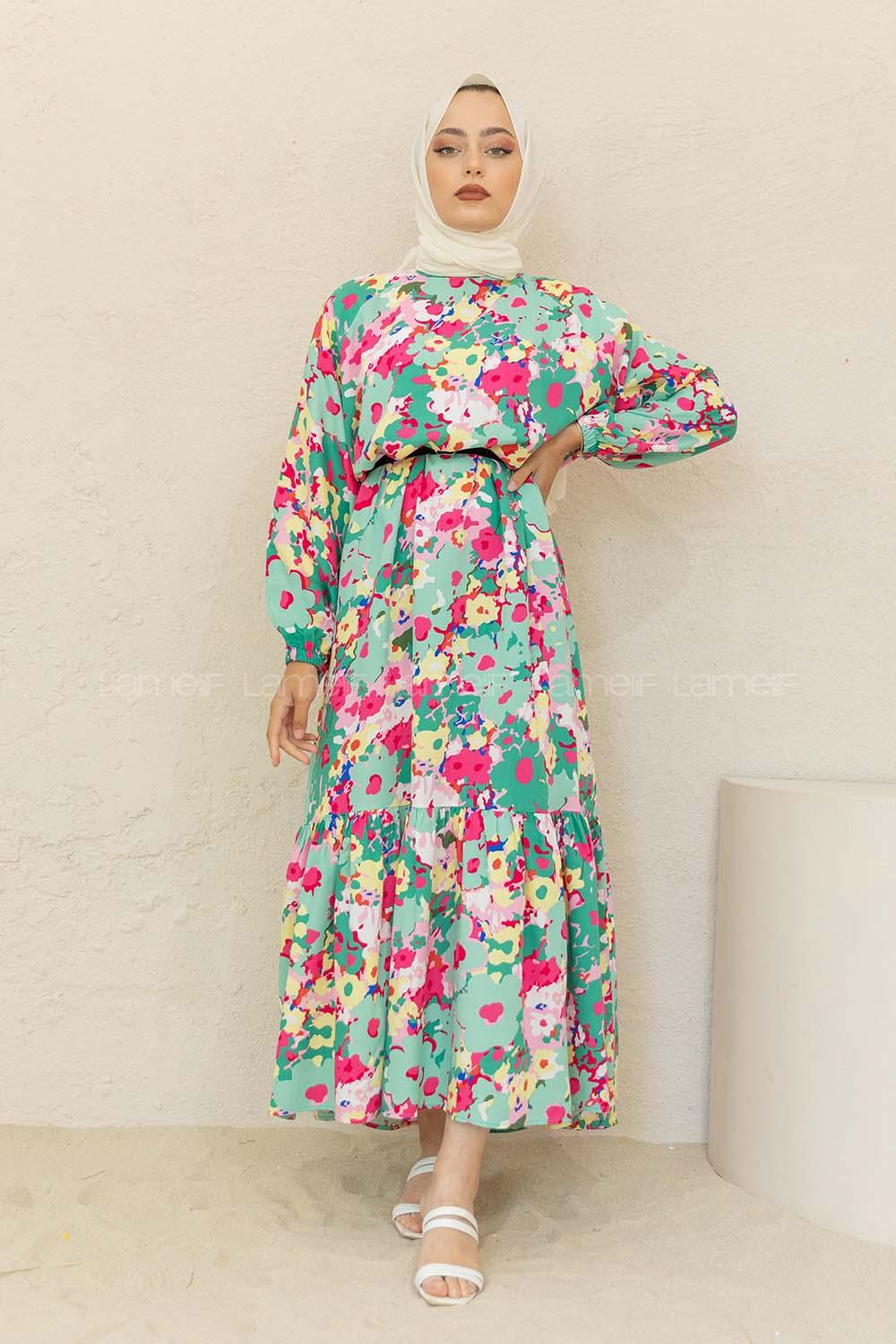 Modalamelif Balon Kol Çiçek Desen Elbise Çağla