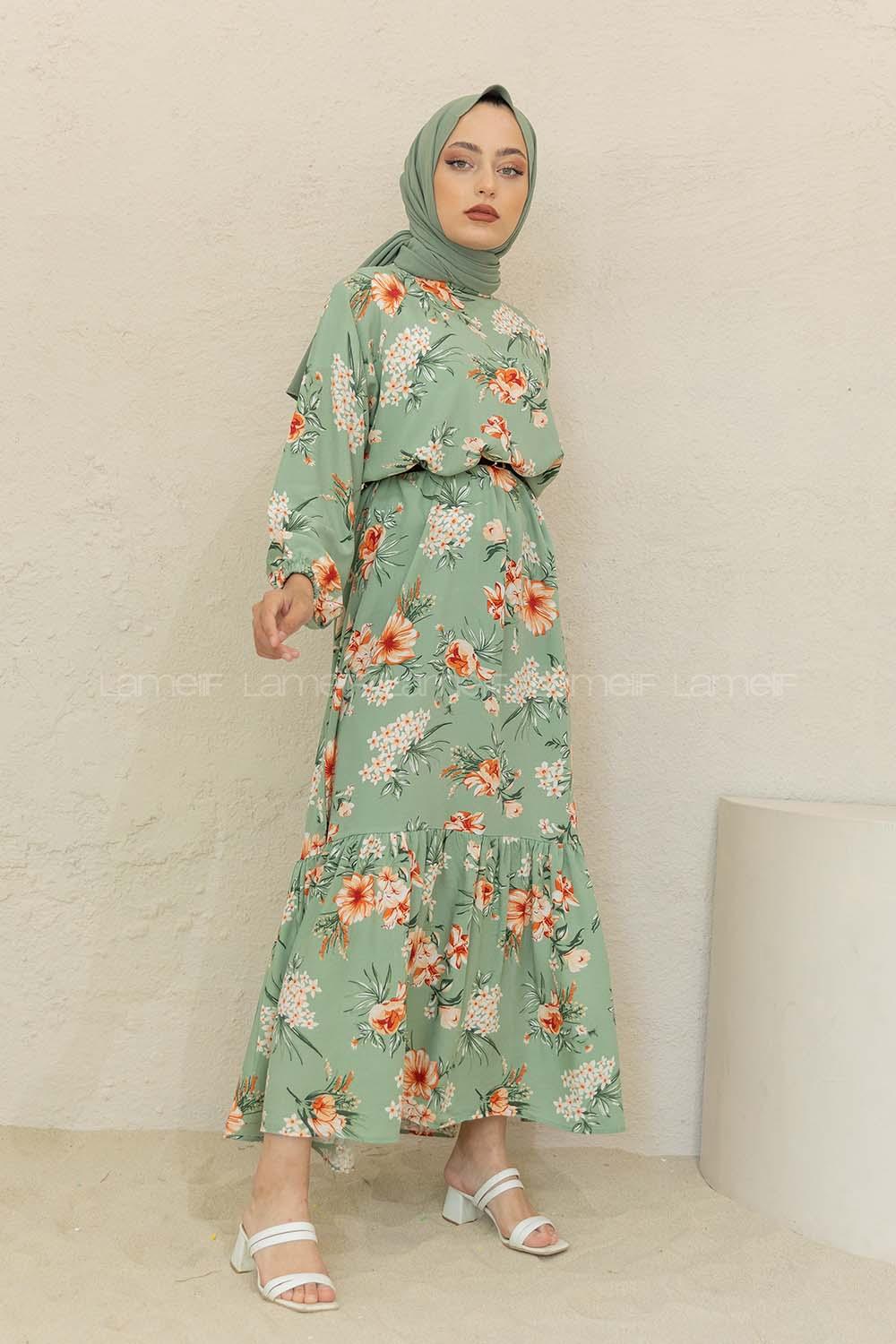 Modalamelif Balon Kol Çiçek Desen Elbise Çağla