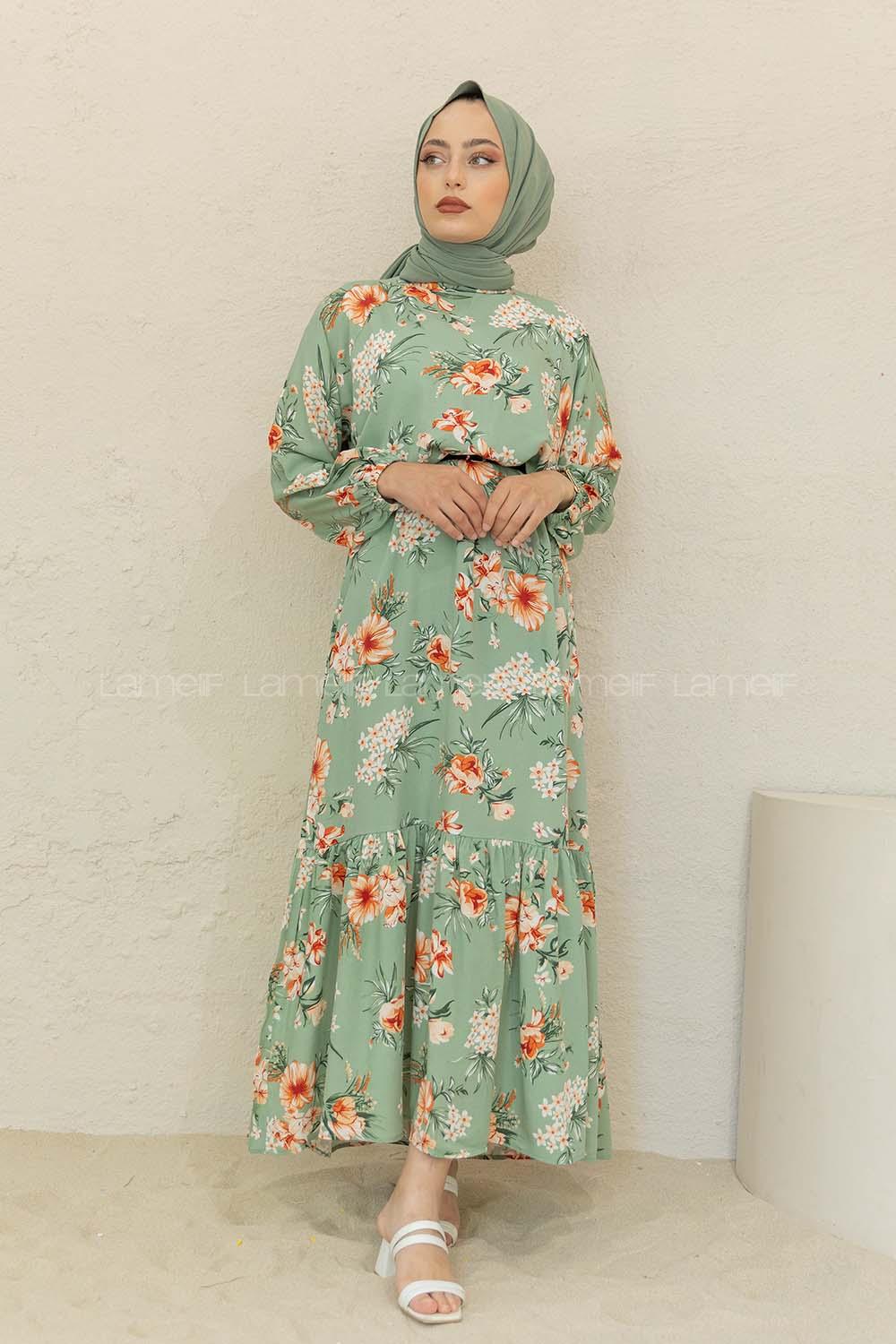 Modalamelif Balon Kol Çiçek Desen Elbise Çağla