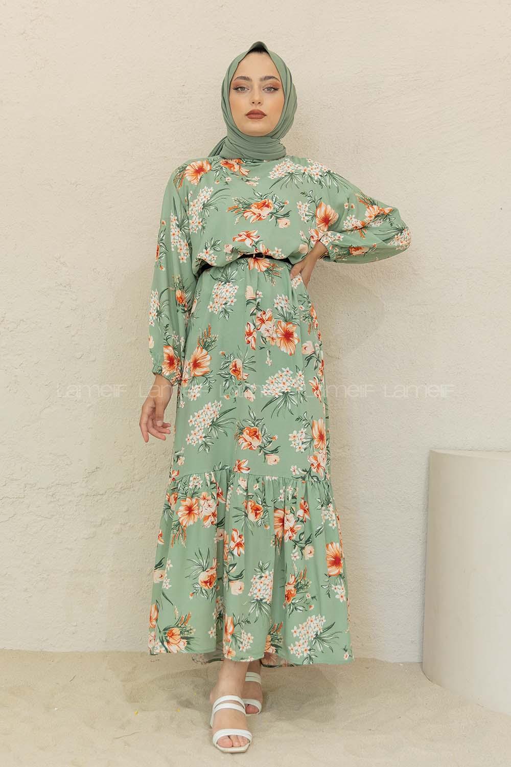 Modalamelif Balon Kol Çiçek Desen Elbise Çağla