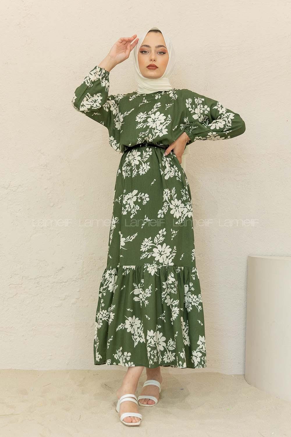 Modalamelif Balon Kol Çiçek Desen Elbise Ekru Haki