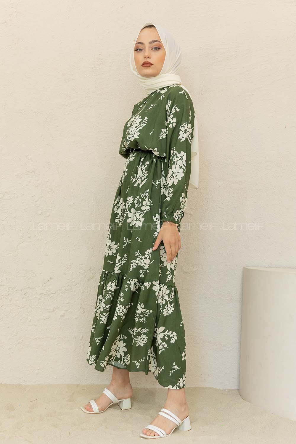 Modalamelif Balon Kol Çiçek Desen Elbise Ekru Haki