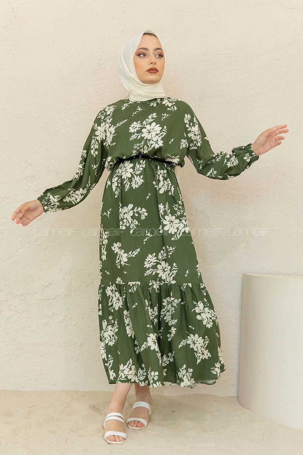 Modalamelif Balon Kol Çiçek Desen Elbise Ekru Haki