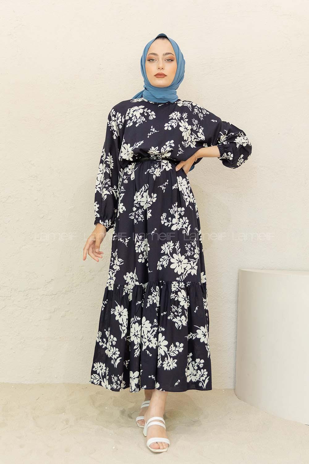 Modalamelif Balon Kol Çiçek Desen Elbise Siyah Beyaz