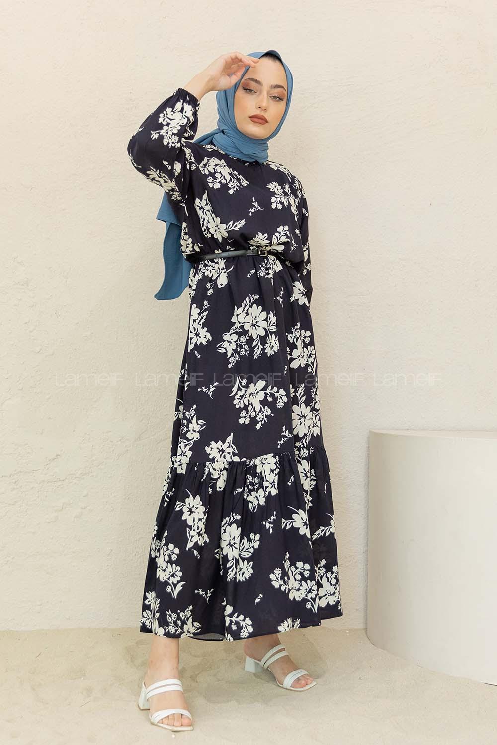 Modalamelif Balon Kol Çiçek Desen Elbise Siyah Beyaz