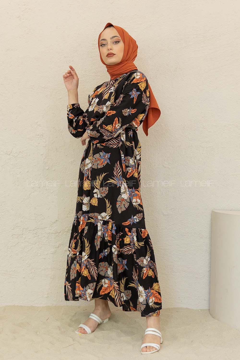 Modalamelif Balon Kol Çiçek Desen Elbise Siyah Kiremit