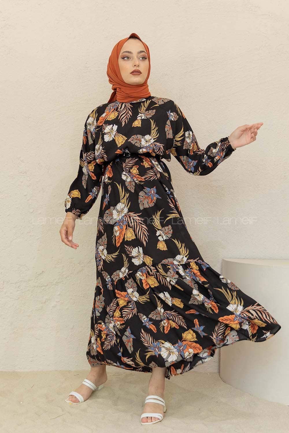 Modalamelif Balon Kol Çiçek Desen Elbise Siyah Kiremit