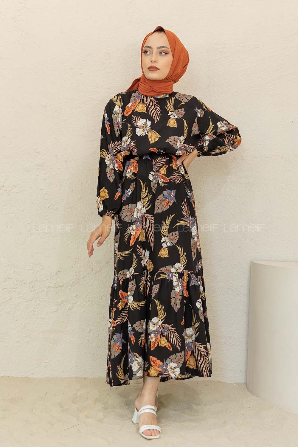 Modalamelif Balon Kol Çiçek Desen Elbise Siyah Kiremit