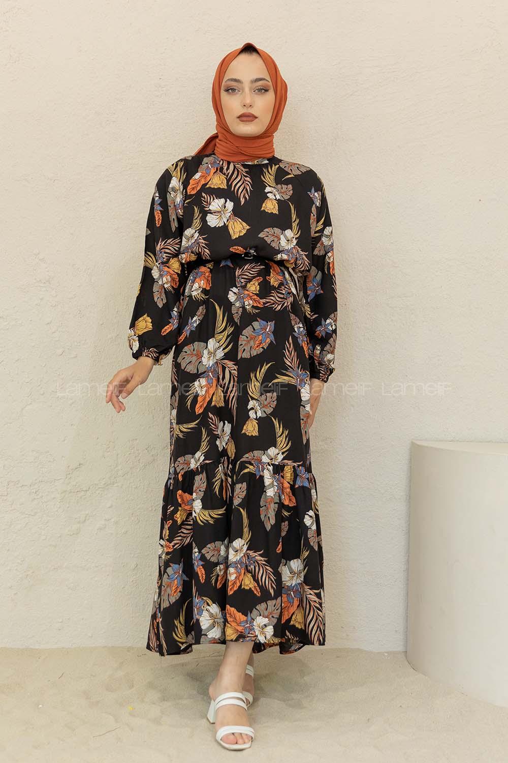 Modalamelif Balon Kol Çiçek Desen Elbise Siyah Kiremit
