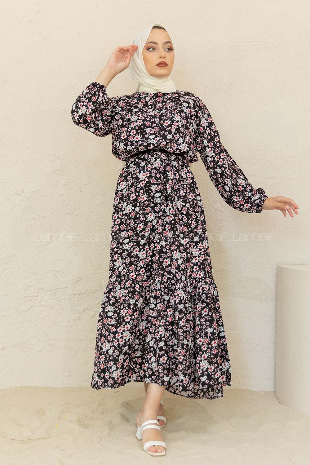 Modalamelif Balon Kol Minimal Çiçek  Elbise Siyah Kırmızı