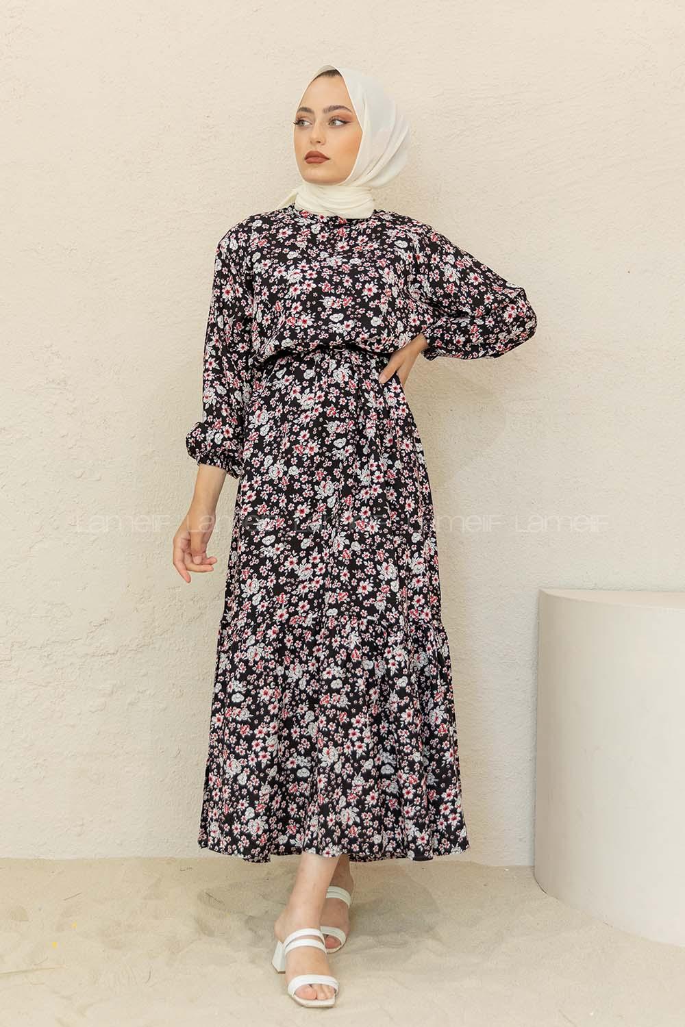 Modalamelif Balon Kol Minimal Çiçek  Elbise Siyah Kırmızı