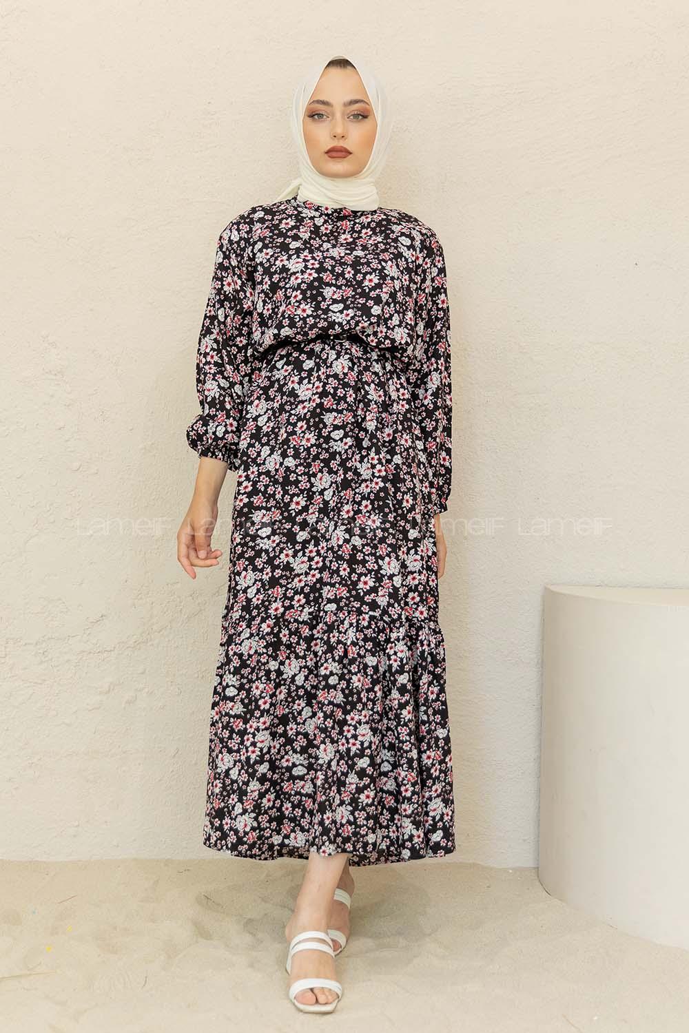 Modalamelif Balon Kol Minimal Çiçek  Elbise Siyah Kırmızı