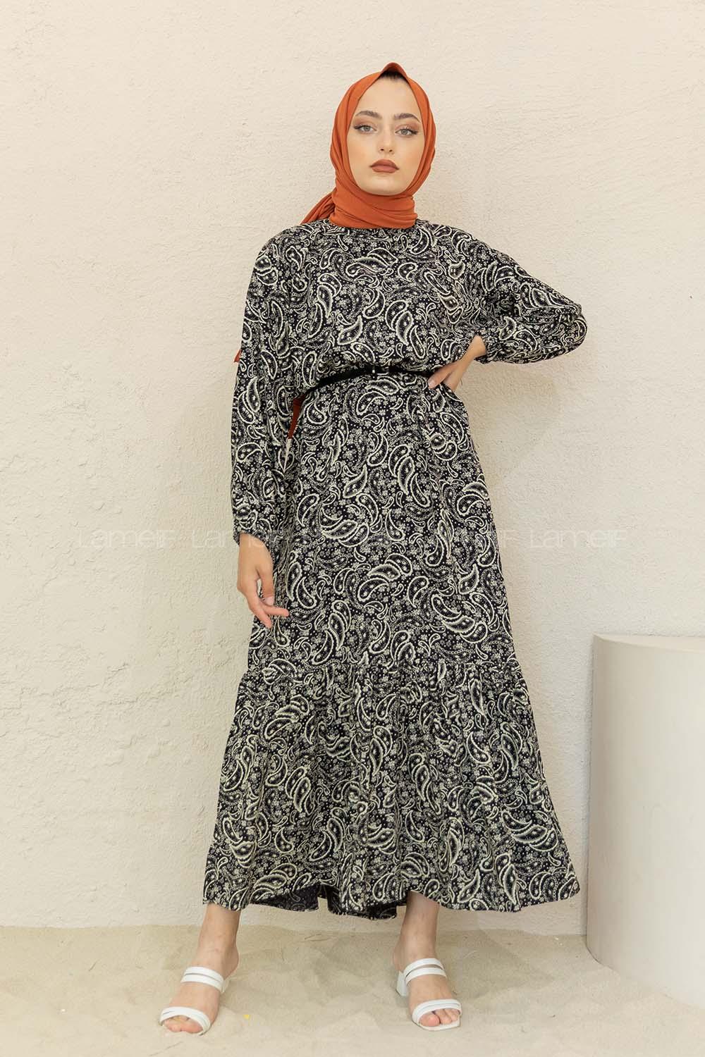 Modalamelif Balon Kol Şal Desen Elbise Siyah