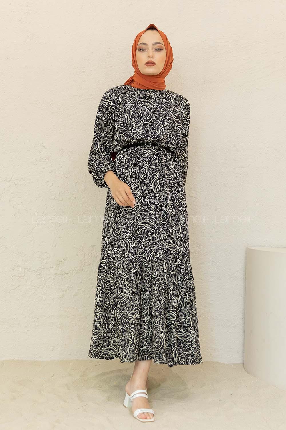 Modalamelif Balon Kol Şal Desen Elbise Siyah