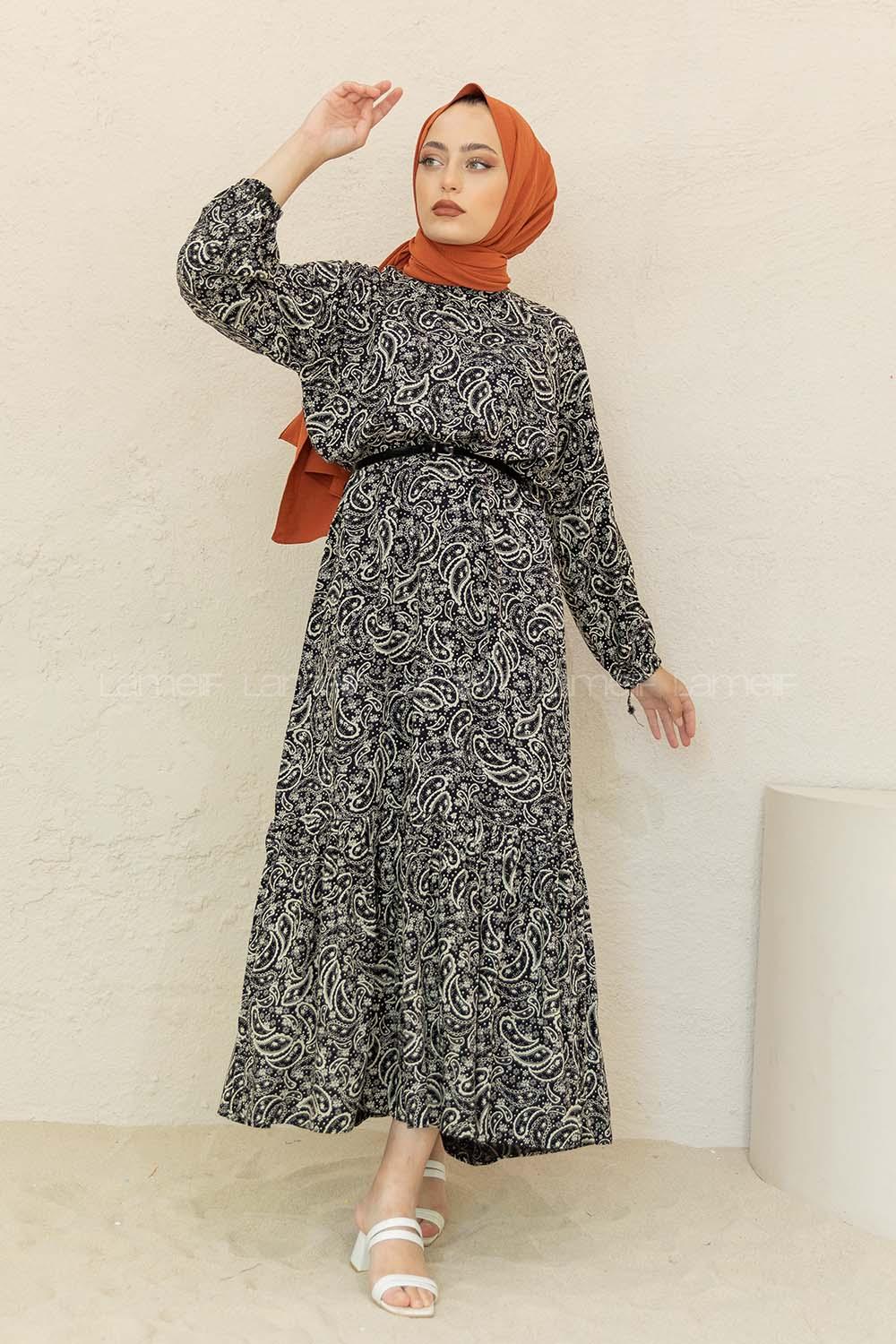 Modalamelif Balon Kol Şal Desen Elbise Siyah